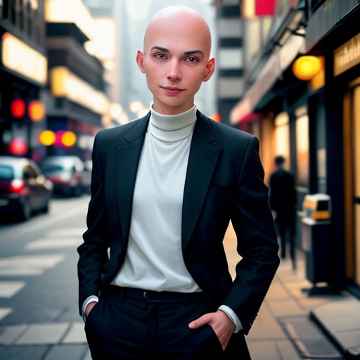 a man in a suit standing on a city street with his hands in his pockets and his head in his hands