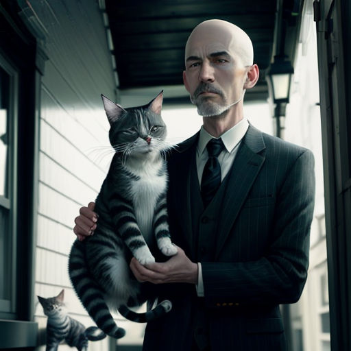 a man in a suit holding a cat in his hands and a cat in his lapel behind him