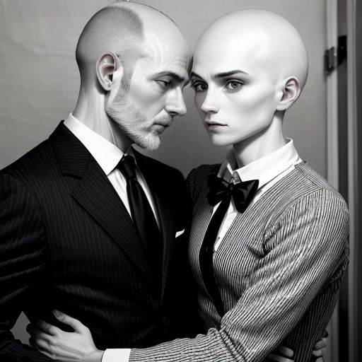 a man and a woman are dressed up in suits and ties and are facing each other with bald heads