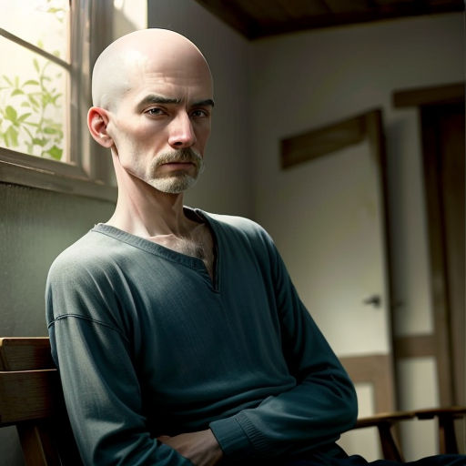a man with a bald head sitting on a bench in a room with a window and a plant in the corner
