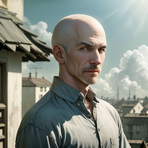 a man with a bald head and a beard standing in front of a building with a sky background and clouds
