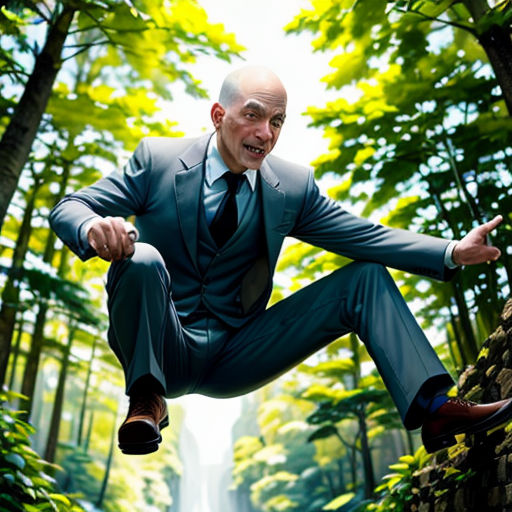a man in a suit jumping off a rock into the air in a forest with a waterfall in the background
