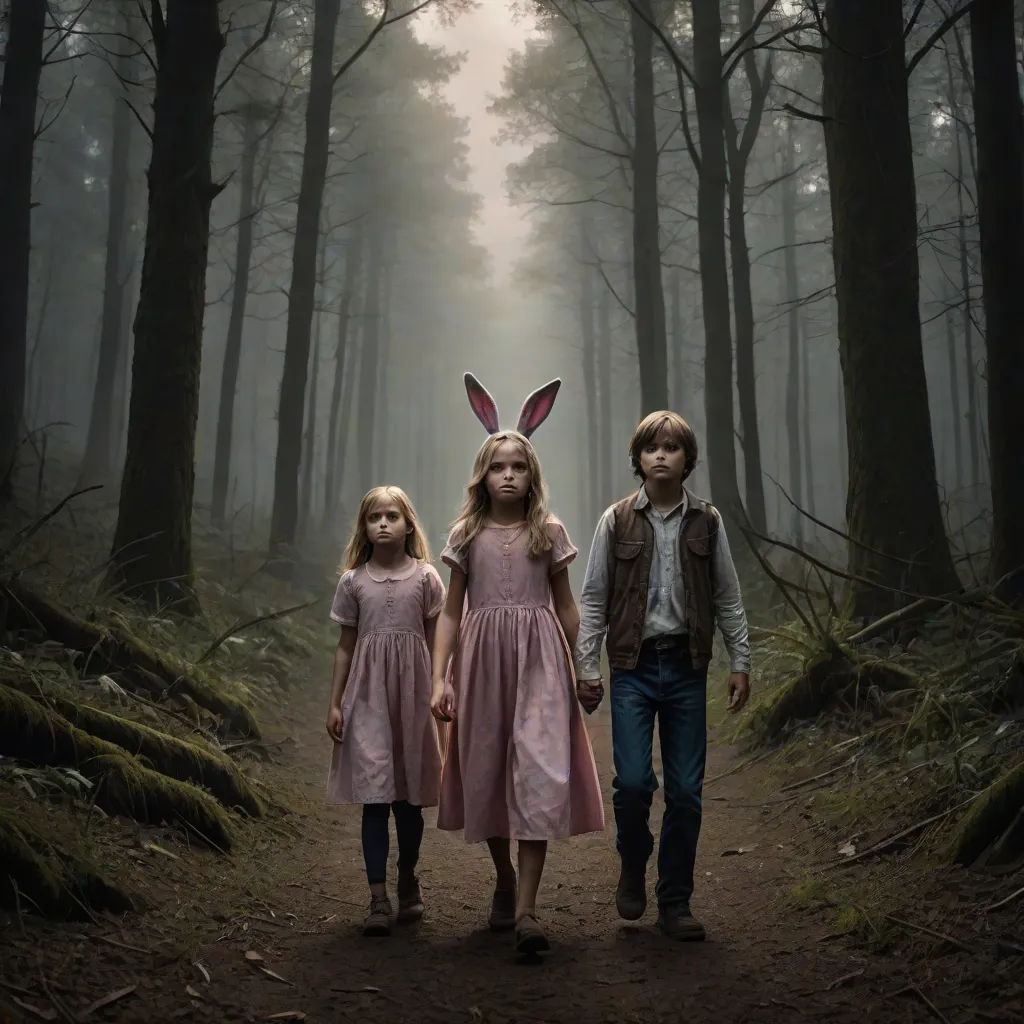 two children in bunny ears walking through a forest with trees and grass on either side of them, with a forest background, magical realism, poster art, Felix-Kelly, promotional image