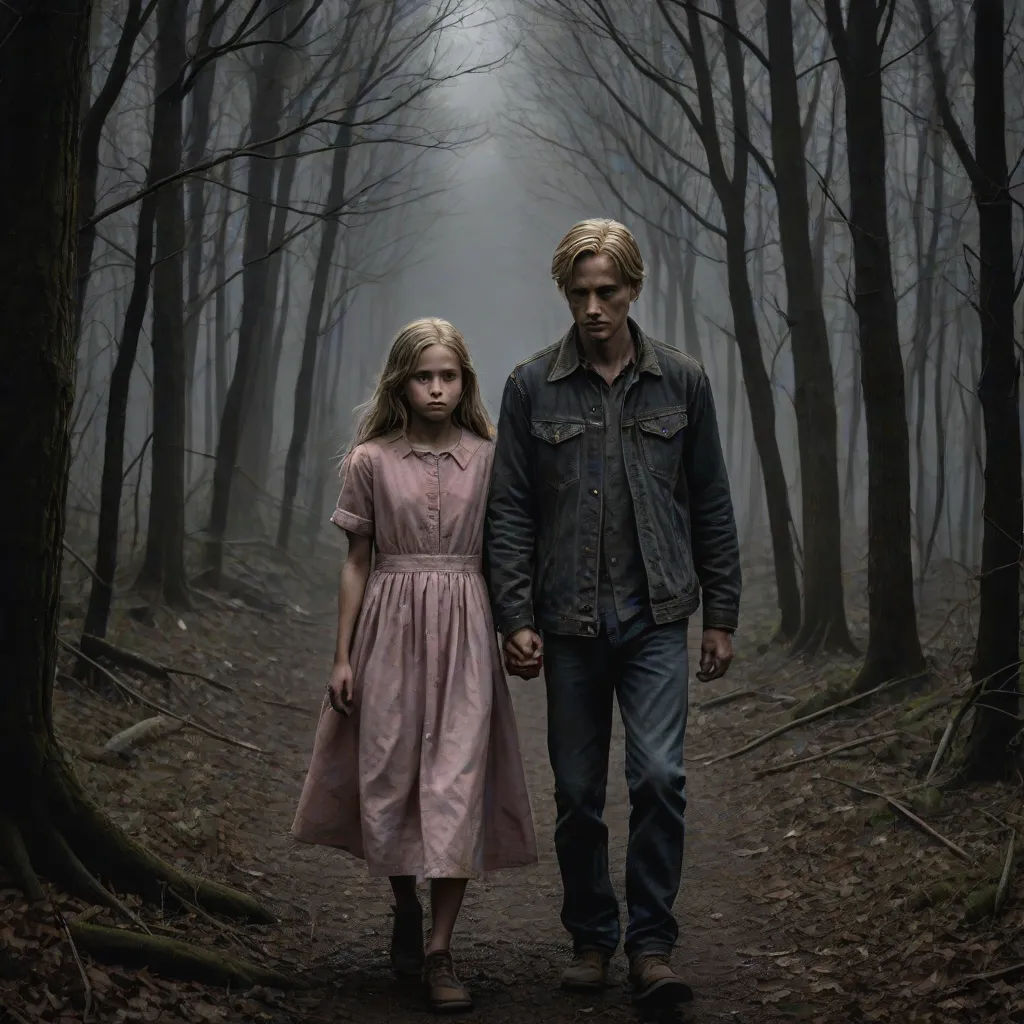a man and a woman walking through a forest in the dark of night with fog on the trees and the ground, international gothic, poster art, Armin Hansen, promotional image