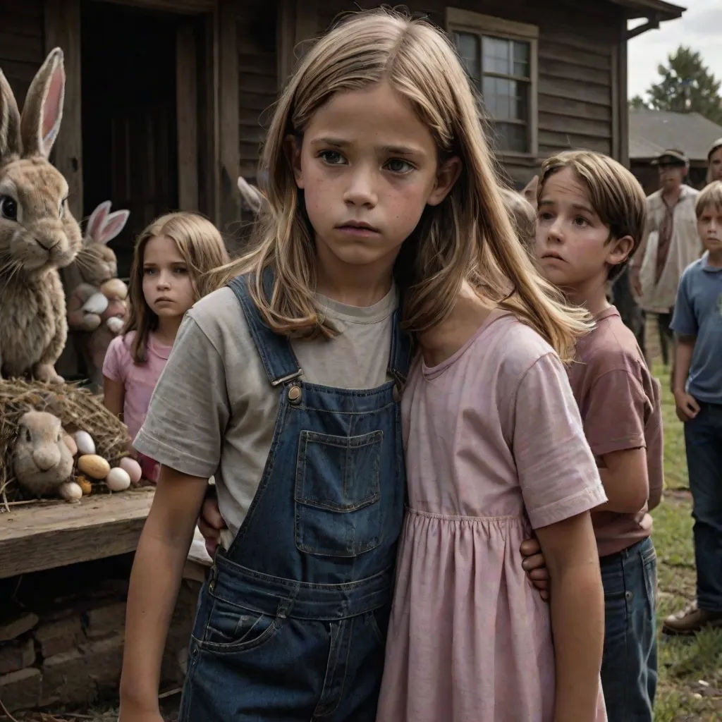 a group of children standing in front of a house with a bunny on the porch and a bunny on the ground, magical realism, a poster, Armin Hansen, promotional image