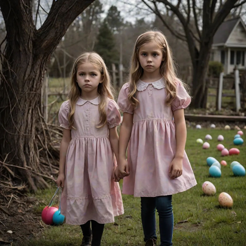 two little girls standing in front of a tree with eggs in it's hands and a house in the background, international gothic, poster art, Christabel Dennison, promotional image