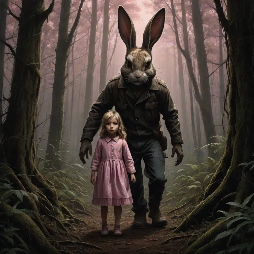 a painting of a man and a little girl walking through a forest with a rabbit in the background and a man in the middle, furry art, poster art, Drew Struzan, key art
