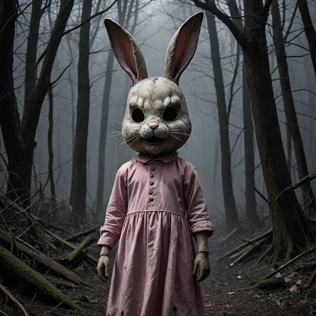 a creepy rabbit in a pink dress standing in a forest with trees and branches in the background, with a creepy looking face, symbolism, poster art, Clarice Beckett, promotional image