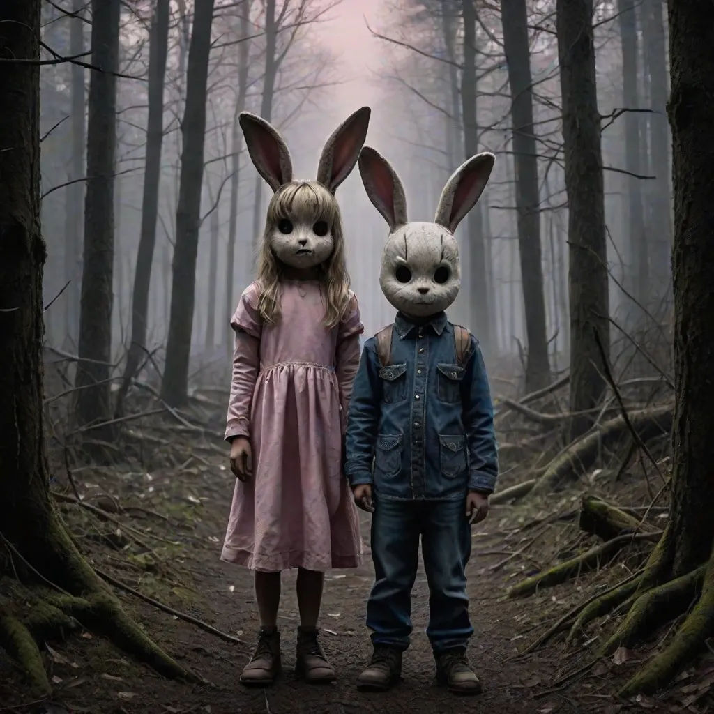 two children wearing bunny ears standing in a forest with trees and fog in the background, with a creepy looking face on the child's head, international gothic, poster art, Felix-Kelly, promotional image