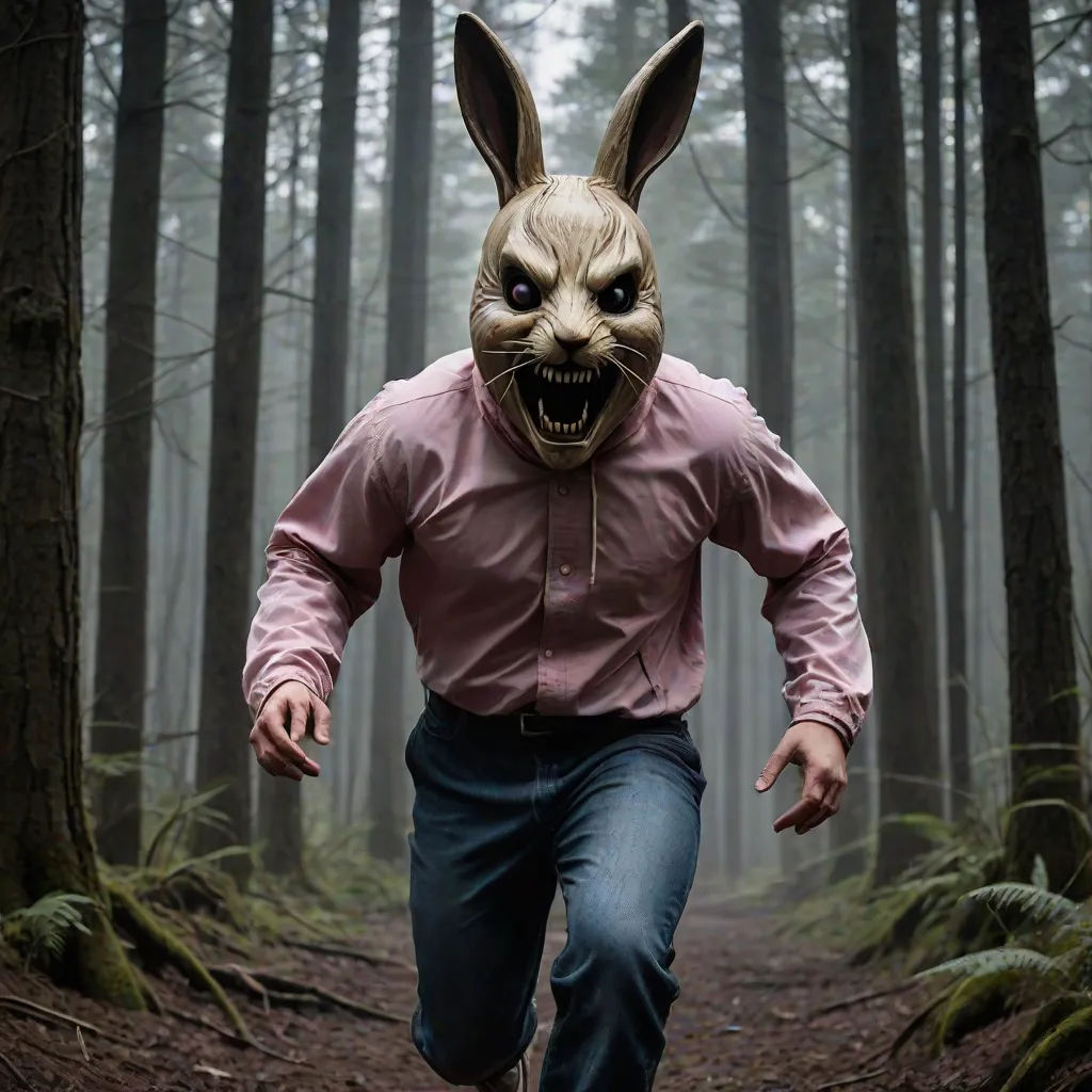 a man wearing a bunny mask running through a forest with trees in the background and a creepy bunny mask on his head, fantastic realism, a stock photo, Clarice Beckett, promotional image