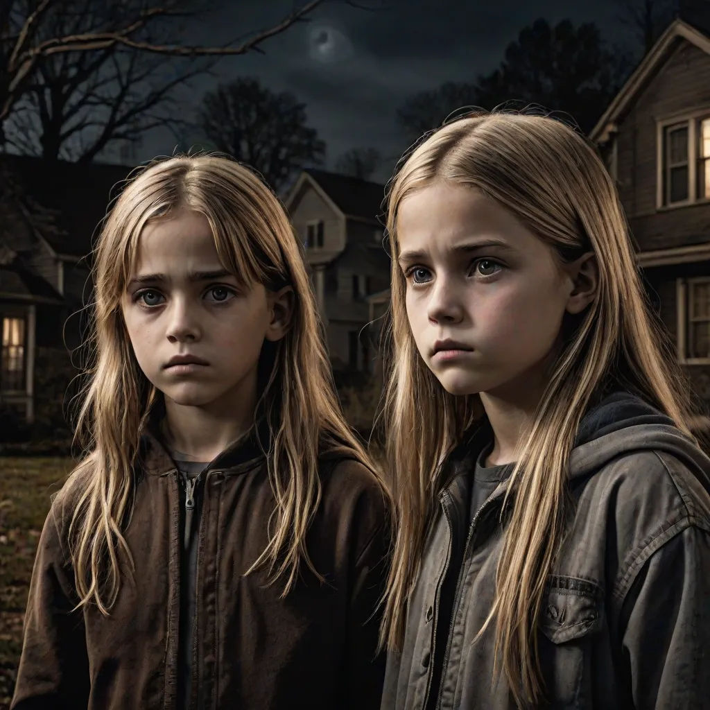two young girls standing in front of a house at night with a full moon in the background and a full moon in the sky, antipodeans, an album cover, Dirk Crabeth, promotional image