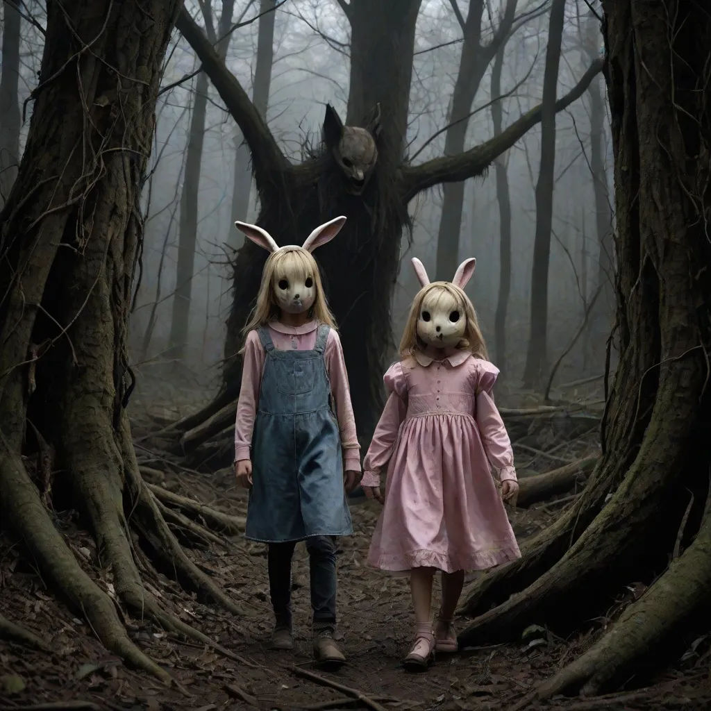 two children wearing bunny ears walking through a forest with a creepy looking creature in the background and a creepy looking creature in the background, international gothic, poster art, Dirk Crabeth, dark art
