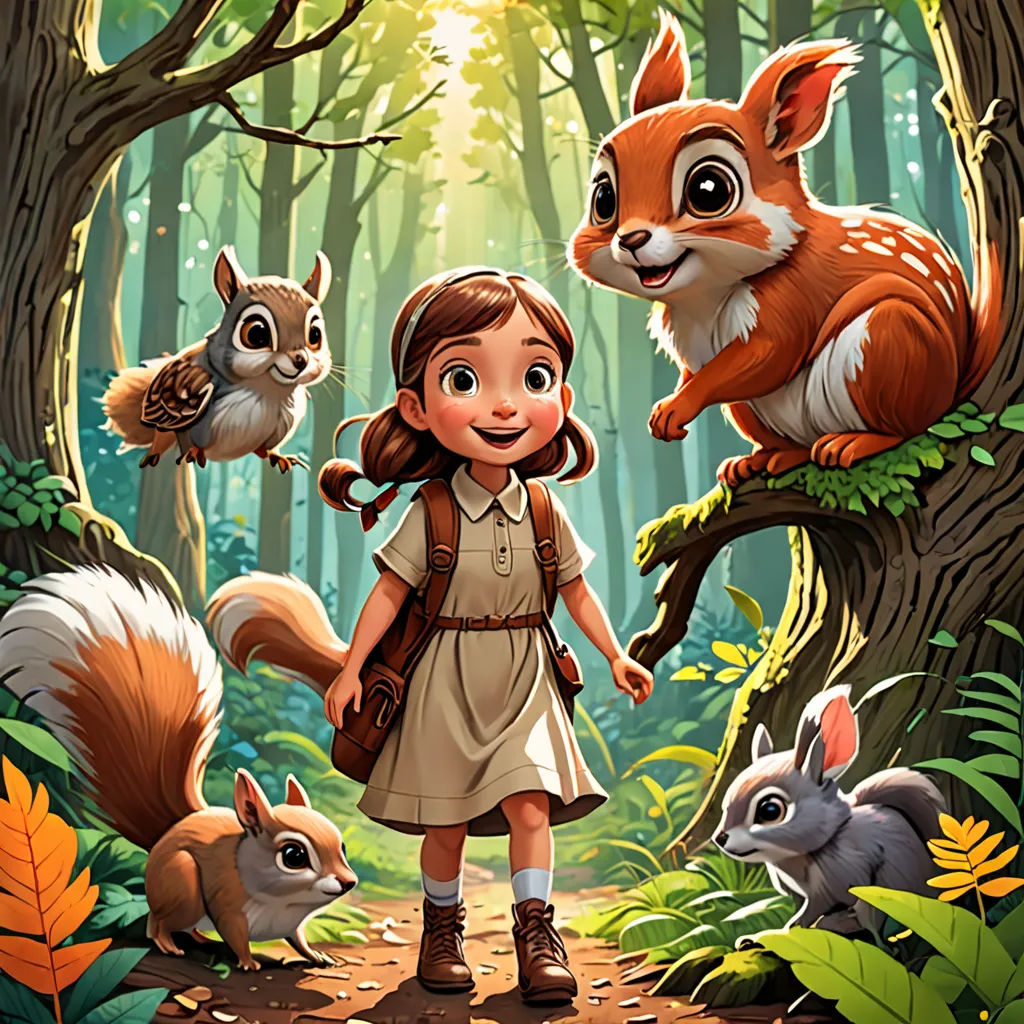 a girl standing in the woods with two squirrels and a squirrel on her back, and a squirrel on her shoulder, furry art, a storybook illustration, Cliff Childs, promotional image
