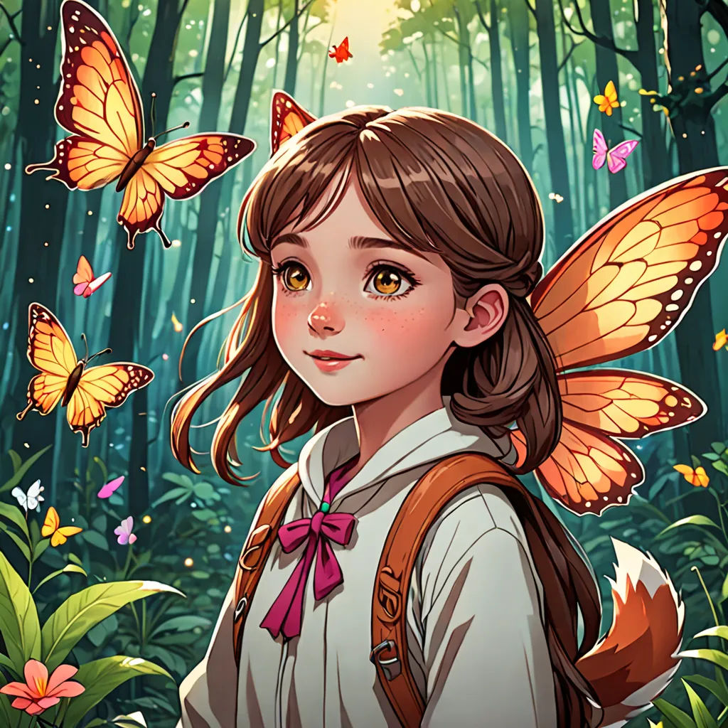 a girl with a backpack and butterflies on her head in the woods with a forest background and a forest scene, fantasy art, a character portrait, Artgerm, fantasy illustration