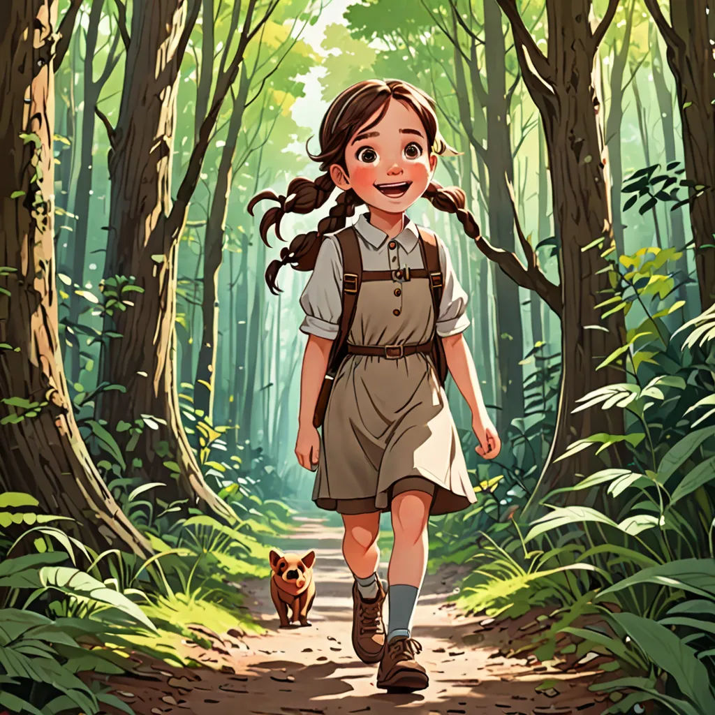 a girl in a dress walking down a path in the woods with a dog behind her and a forest scene behind her, art & language, a storybook illustration, Choi Buk, official art