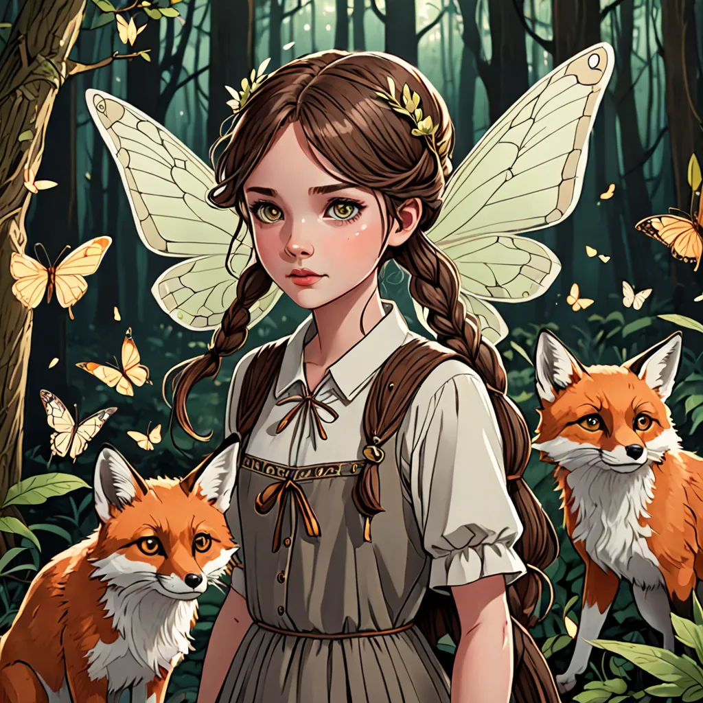 a girl with a fox and a butterfly on her head in a forest with butterflies around her head and a fox in her hand, fantasy art, a storybook illustration, Alice Prin, fantasy illustration