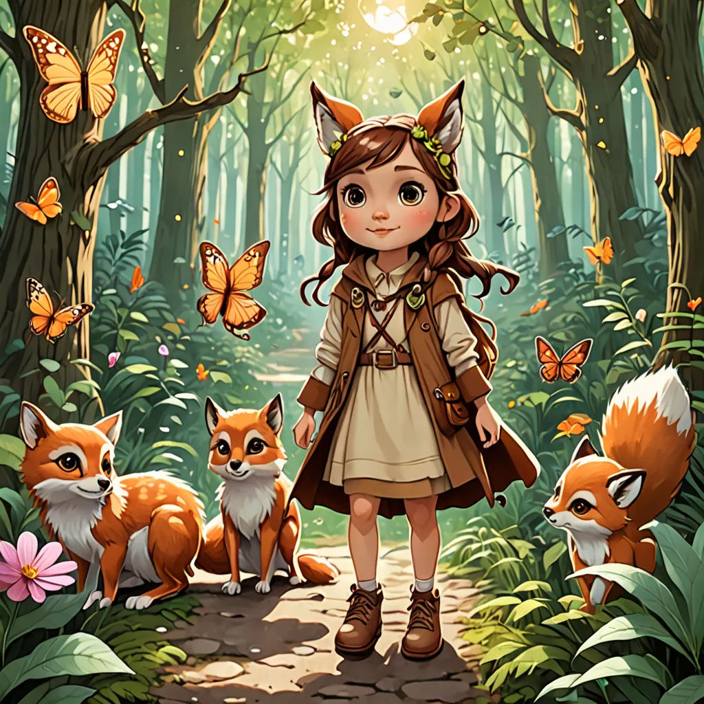 a little girl standing in the woods with her foxes and butterflies around her, with a butterfly in her hair, fantasy art, a storybook illustration, Cliff Childs, official art