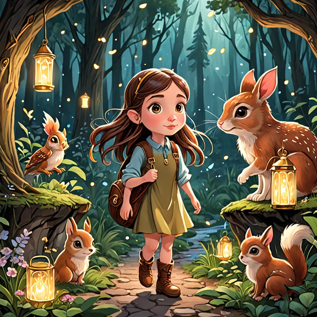 a girl and a rabbit in a forest with lanterns and lanterns on the ground and a forest scene with a girl and two rabbits, fantasy art, a storybook illustration, Cliff Childs, storybook illustration