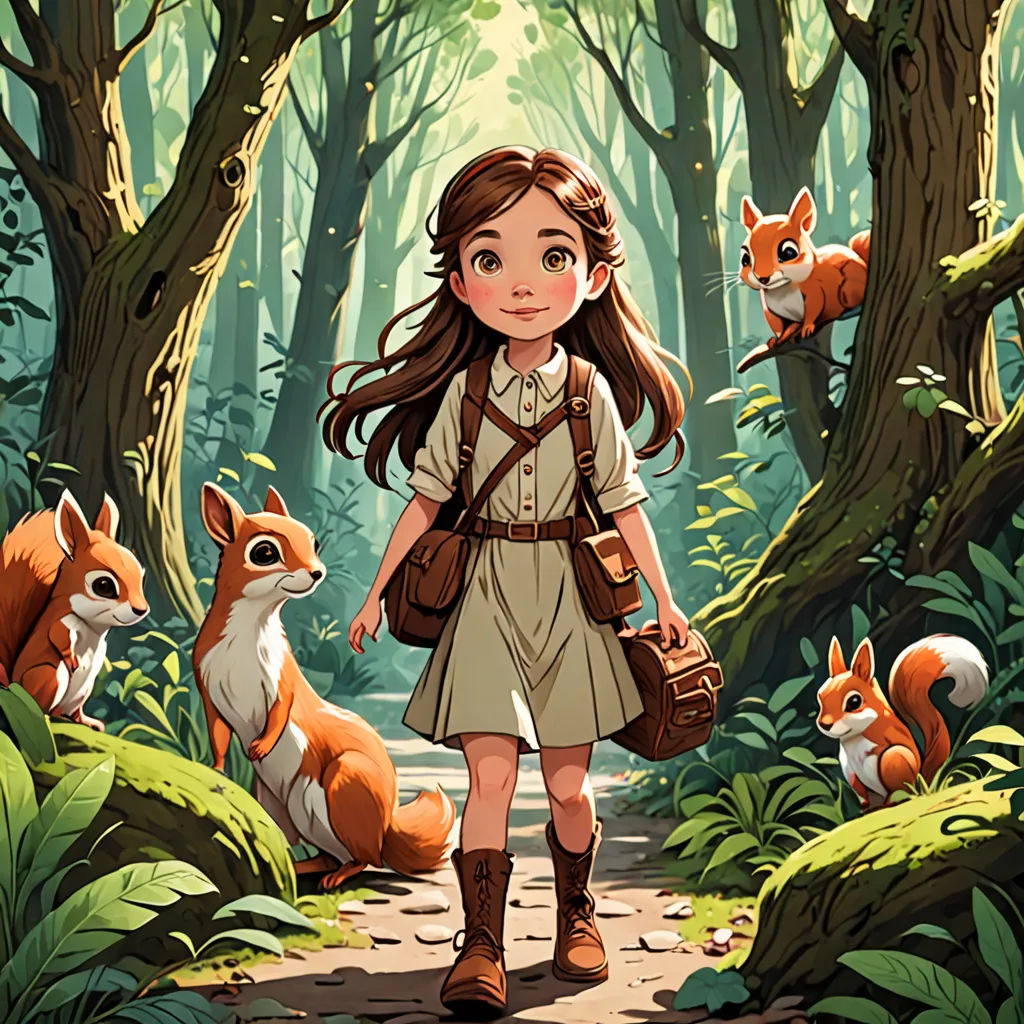 a girl in a forest with a bunch of foxes on a path to her house and a squirrel on her shoulder, fantasy art, a storybook illustration, Cliff Childs, rossdraws global illumination