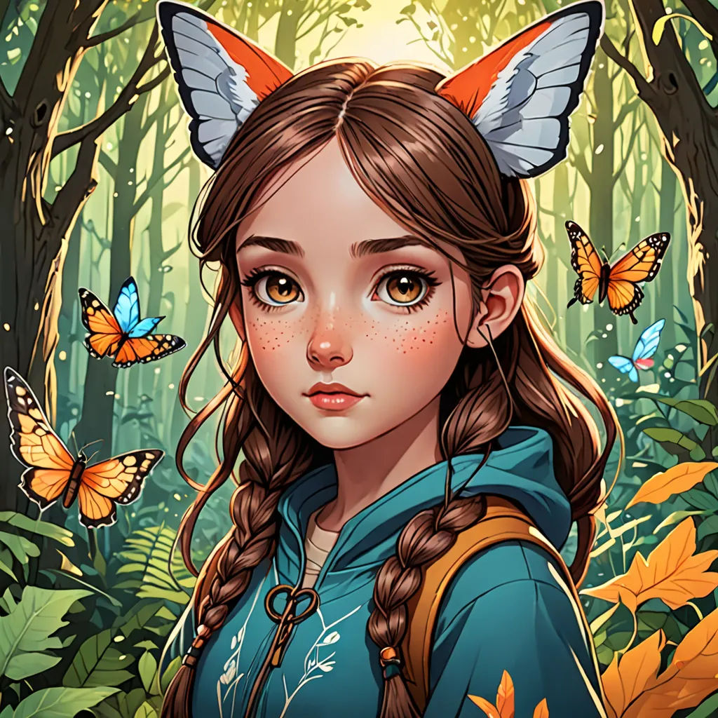a girl with a fox ears and a blue hoodie in a forest with butterflies on her head and a forest scene behind her, fantasy art, a character portrait, Artgerm, fantasy character portrait