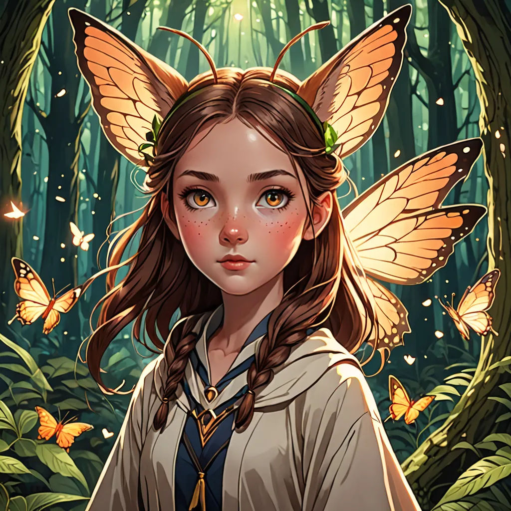 a girl with a butterfly on her head in a forest with butterflies around her head and a forest background, fantasy art, a character portrait, Artgerm, rossdraws global illumination