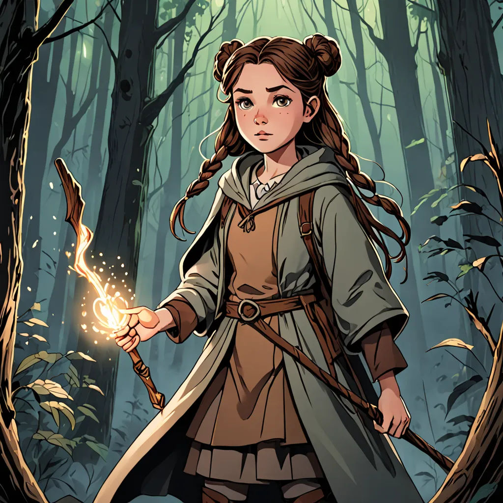 a woman in a brown dress holding a wand in a forest with trees and leaves behind her and a green coat on, fantasy art, a character portrait, Diego Gisbert Llorens, comic cover art