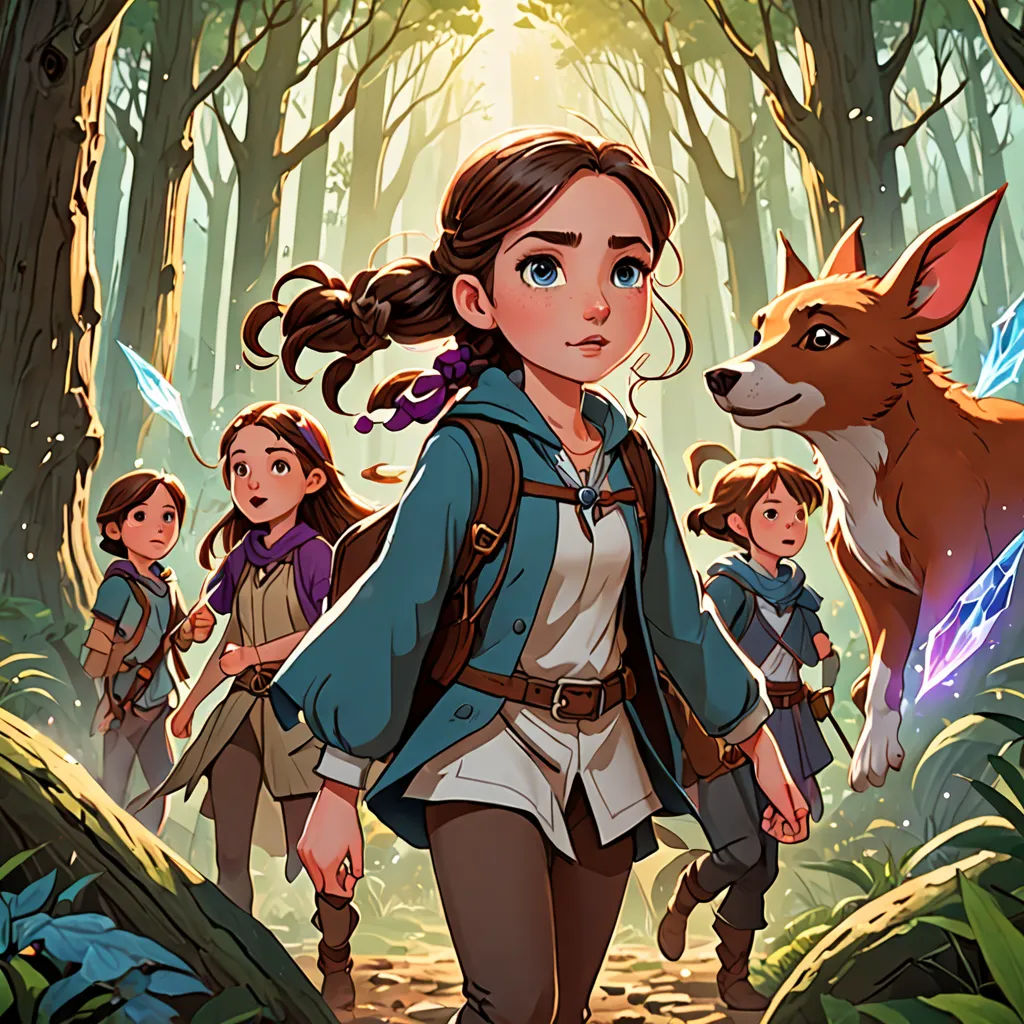 a woman walking through a forest with a dog and other people behind her on a path with a deer, fantasy art, a storybook illustration, Cliff Childs, rossdraws global illumination