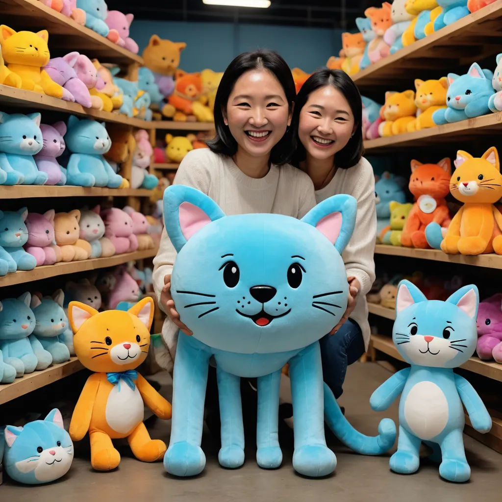 two women are posing with a large stuffed cat and kittens in a store filled with stuffed animals and stuffed animals, net art, a stock photo, Choi Buk, product photo
