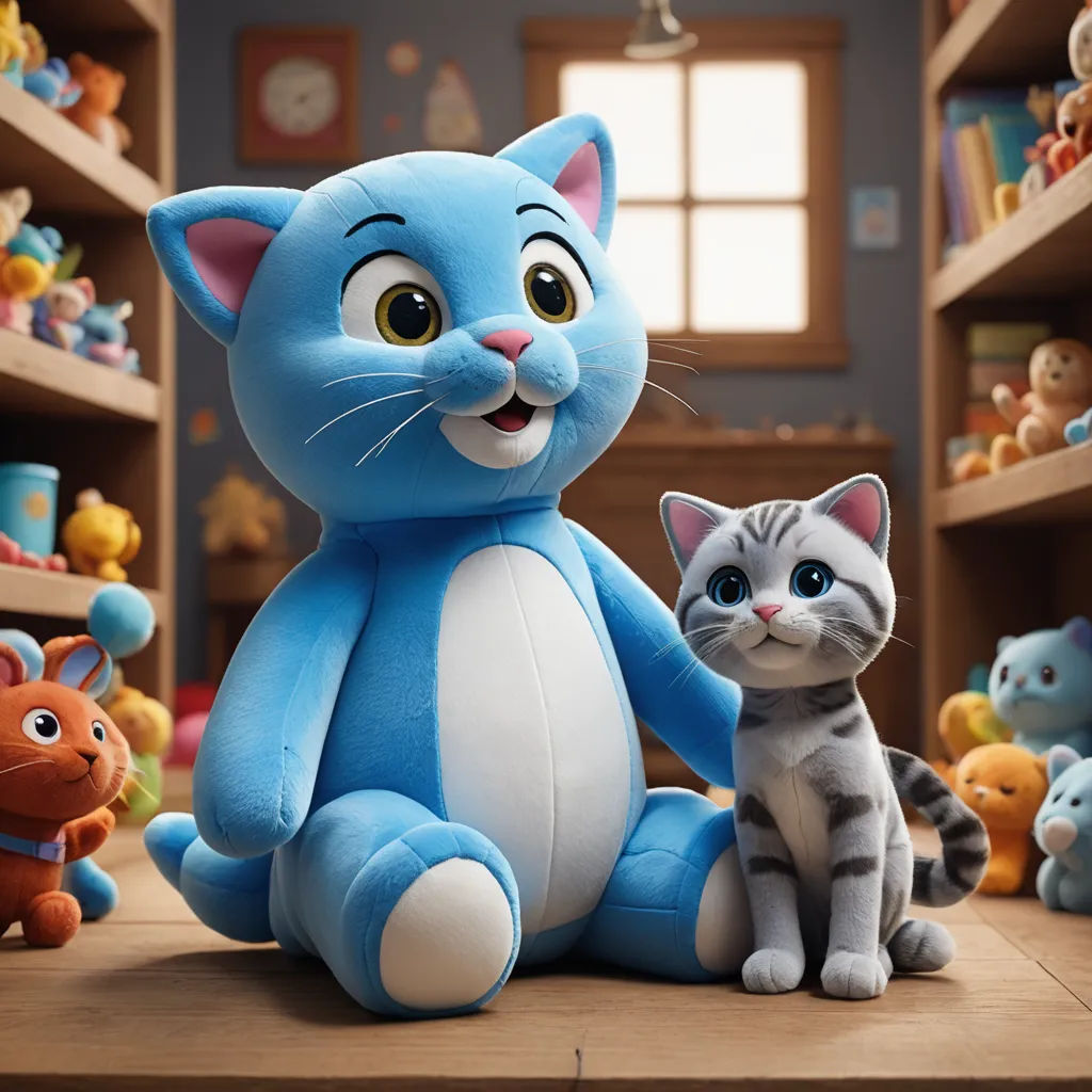 a stuffed cat and kitten sitting on a table in a room full of stuffed animals and toys, with a window in the background, photorealism, a computer rendering, Chris LaBrooy, unreal engine 5 highly rendered