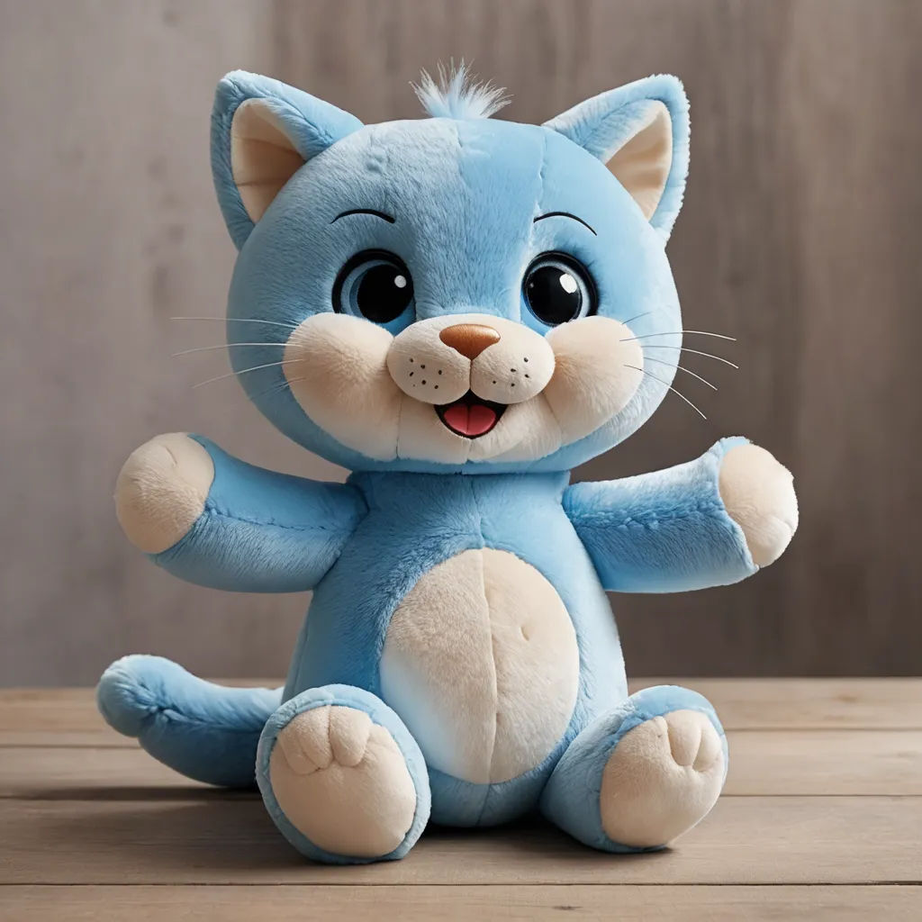 a blue stuffed animal sitting on top of a wooden table next to a wall and a wooden floor with a wooden door, furry art, a character portrait, Carlos Catasse, toy