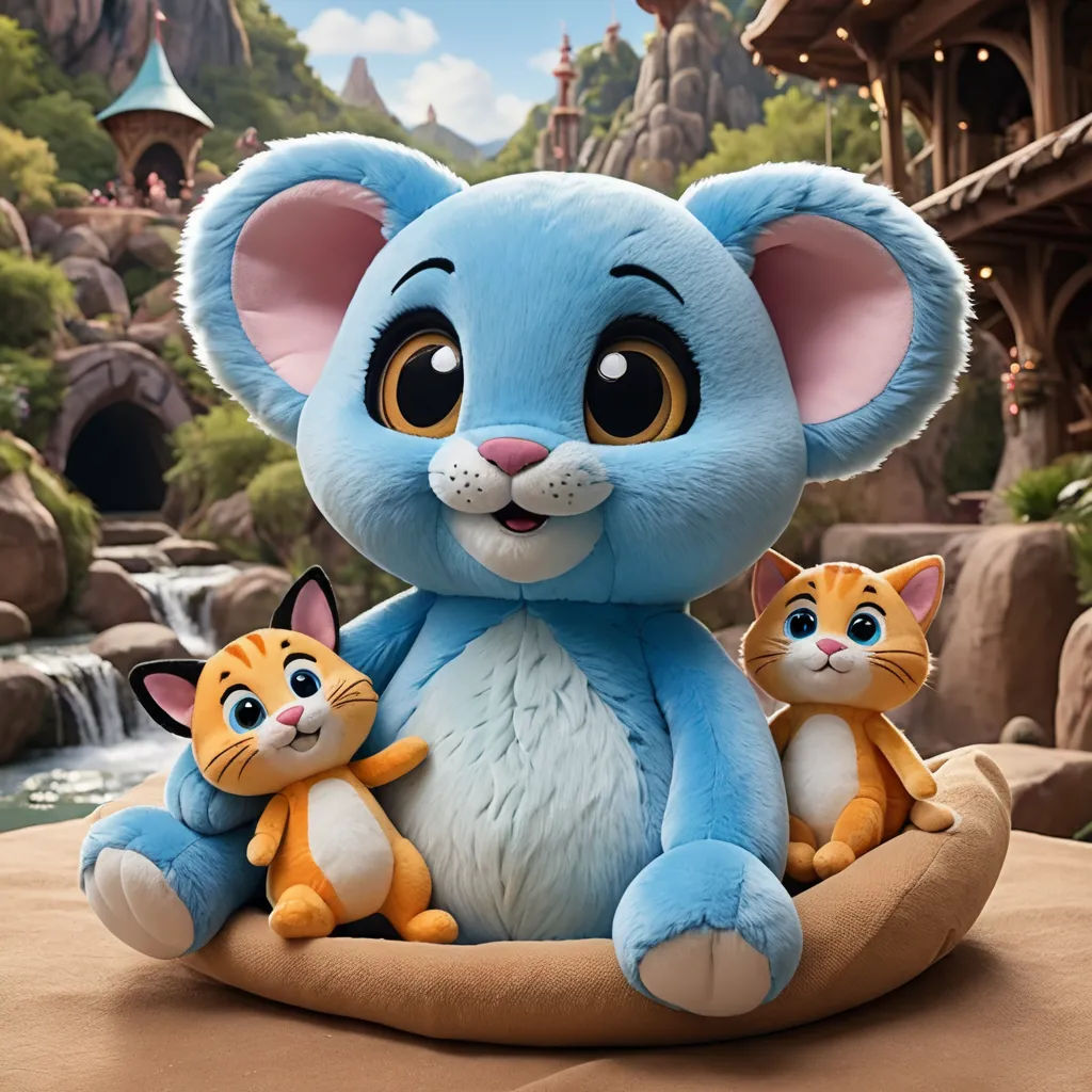 a blue stuffed animal with two cats sitting on a rock in front of a waterfall and a castle in the background, furry art, a character portrait, Chris LaBrooy, promotional image