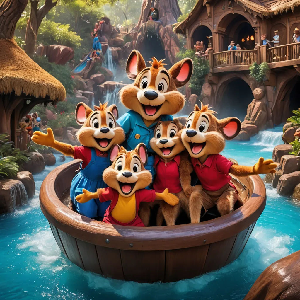 a group of cartoon mice riding on top of a boat in a river with a waterfall in the background, kitsch movement, a stock photo, Chippy, promotional image