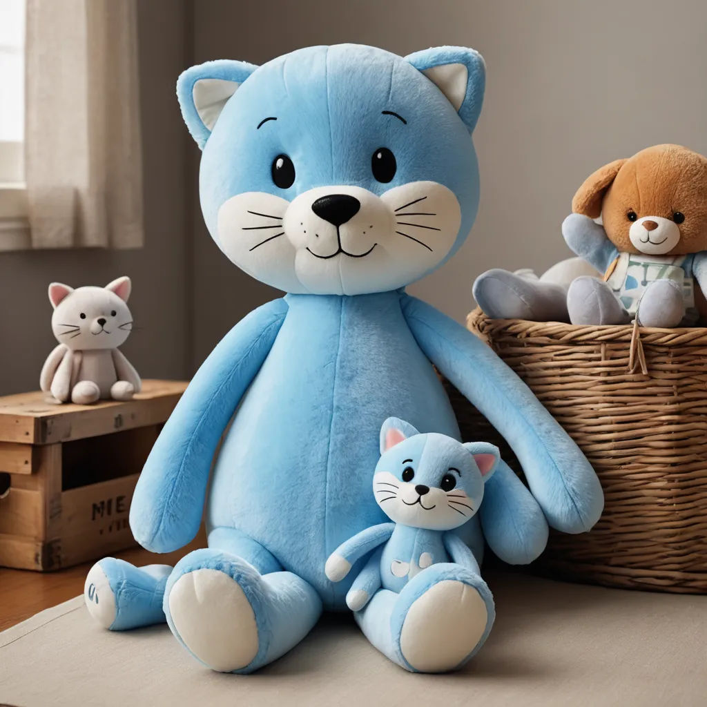 a blue stuffed cat and two small stuffed animals in a basket on a table with a window behind it, furry art, a digital rendering, David Budd, product photo