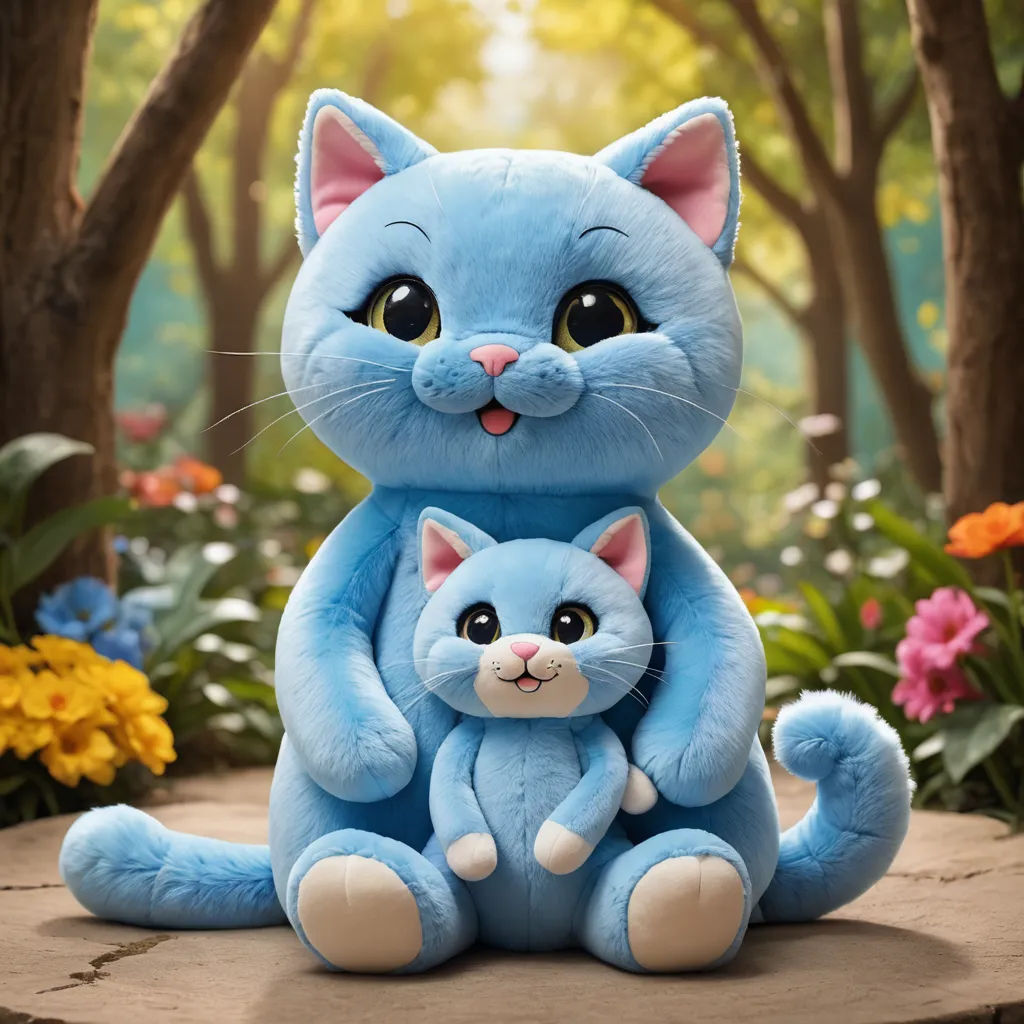 a blue stuffed cat sitting next to a smaller stuffed cat on a stone slab in a garden with flowers, sots art, a character portrait, Chris LaBrooy, promotional image