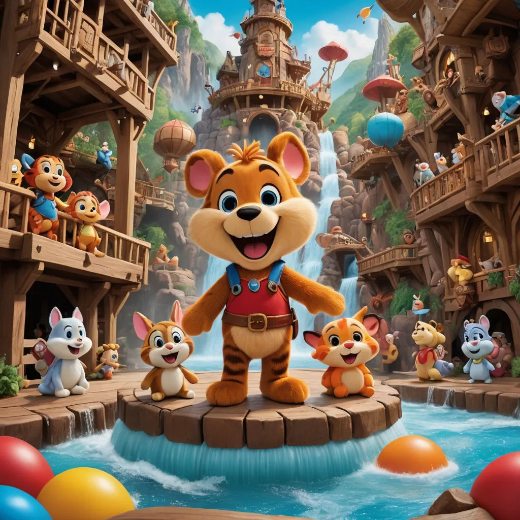 a cartoon character standing on a platform with many other characters around him and a castle in the background with balloons, furry art, concept art, Chris LaBrooy, promotional image