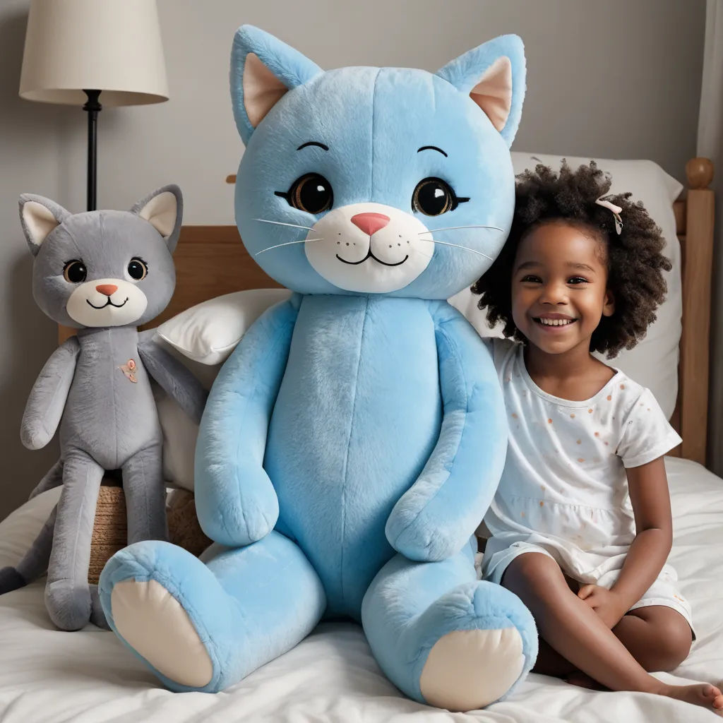a little girl sitting on a bed with a large stuffed cat and a cat toy next to her on the bed, furry art, a character portrait, Annabel Kidston, product photo