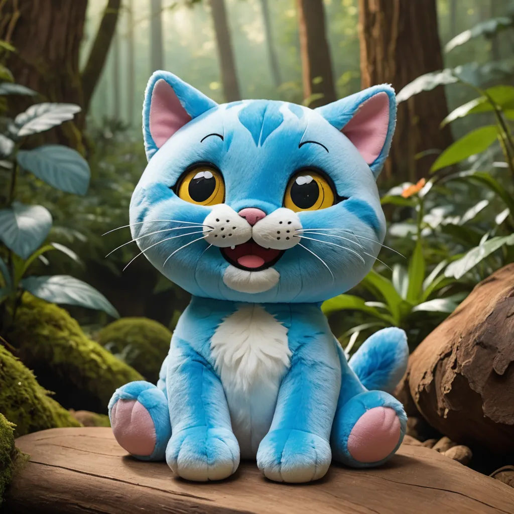 a blue stuffed cat sitting on a log in a forest with ferns and flowers in the background, with a large smile on its face, furry art, a character portrait, Carlos Catasse, unreal engine 5 quality render