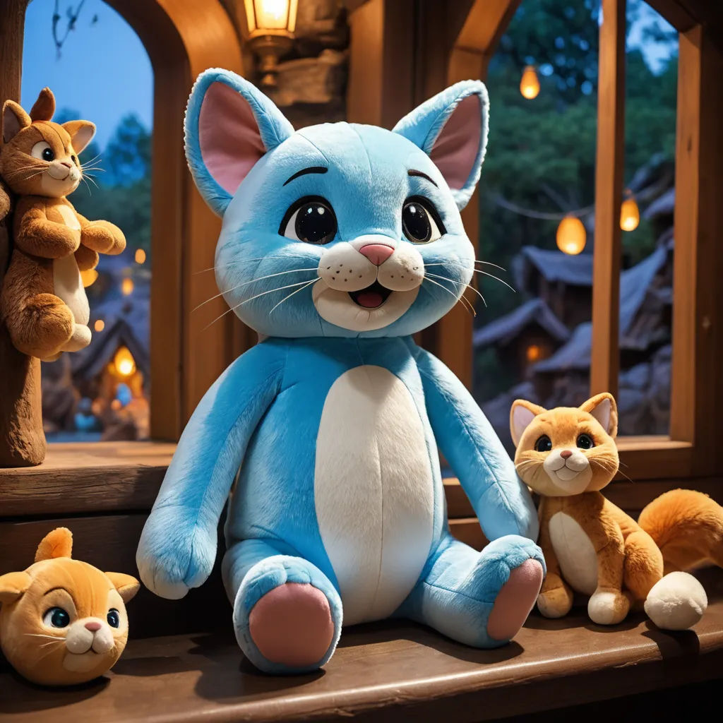 a blue stuffed animal with several smaller stuffed animals around it on a shelf in a room with windows and lit up lights, sots art, a character portrait, Chippy, promotional image