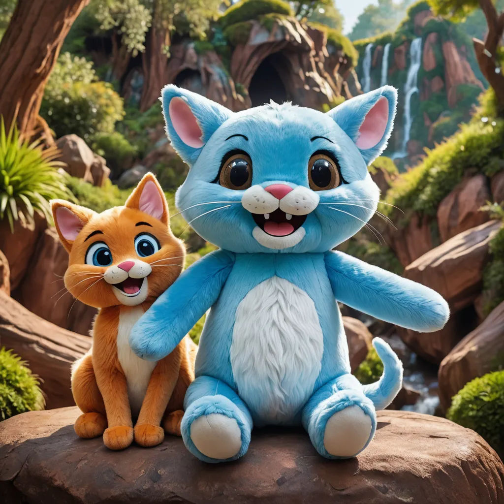 a blue and orange cat sitting next to a cat on a rock in front of a waterfall and a forest, sots art, a stock photo, Carlos Catasse, promotional image