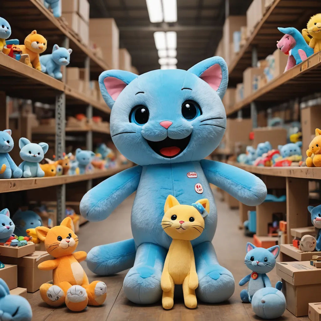 a blue stuffed cat with a yellow kitten sitting next to it in a store filled with stuffed animals and toys, furry art, a stock photo, Carlos Catasse, promotional image