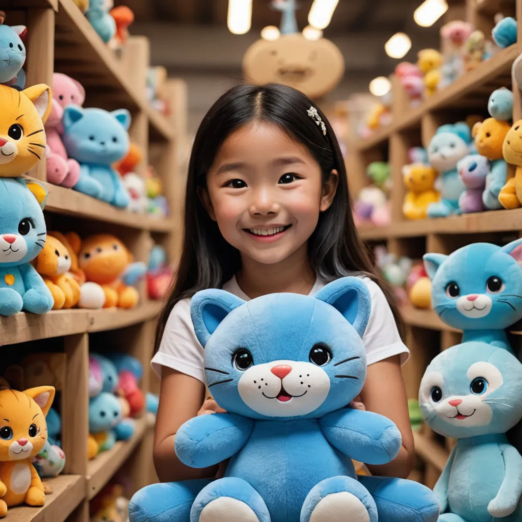 a little girl holding a blue teddy bear in a store filled with stuffed animals and other stuffed animals on shelves, kitsch movement, a stock photo, Adrian Zingg, product photo