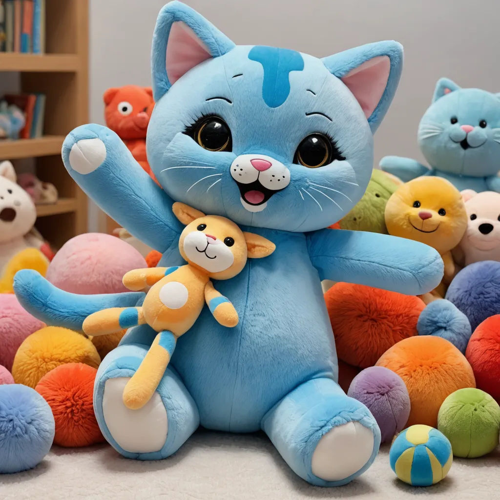 a blue stuffed cat holding a yellow stuffed animal in front of a pile of stuffed animals in a room, furry art, a character portrait, Carlos Catasse, product photo