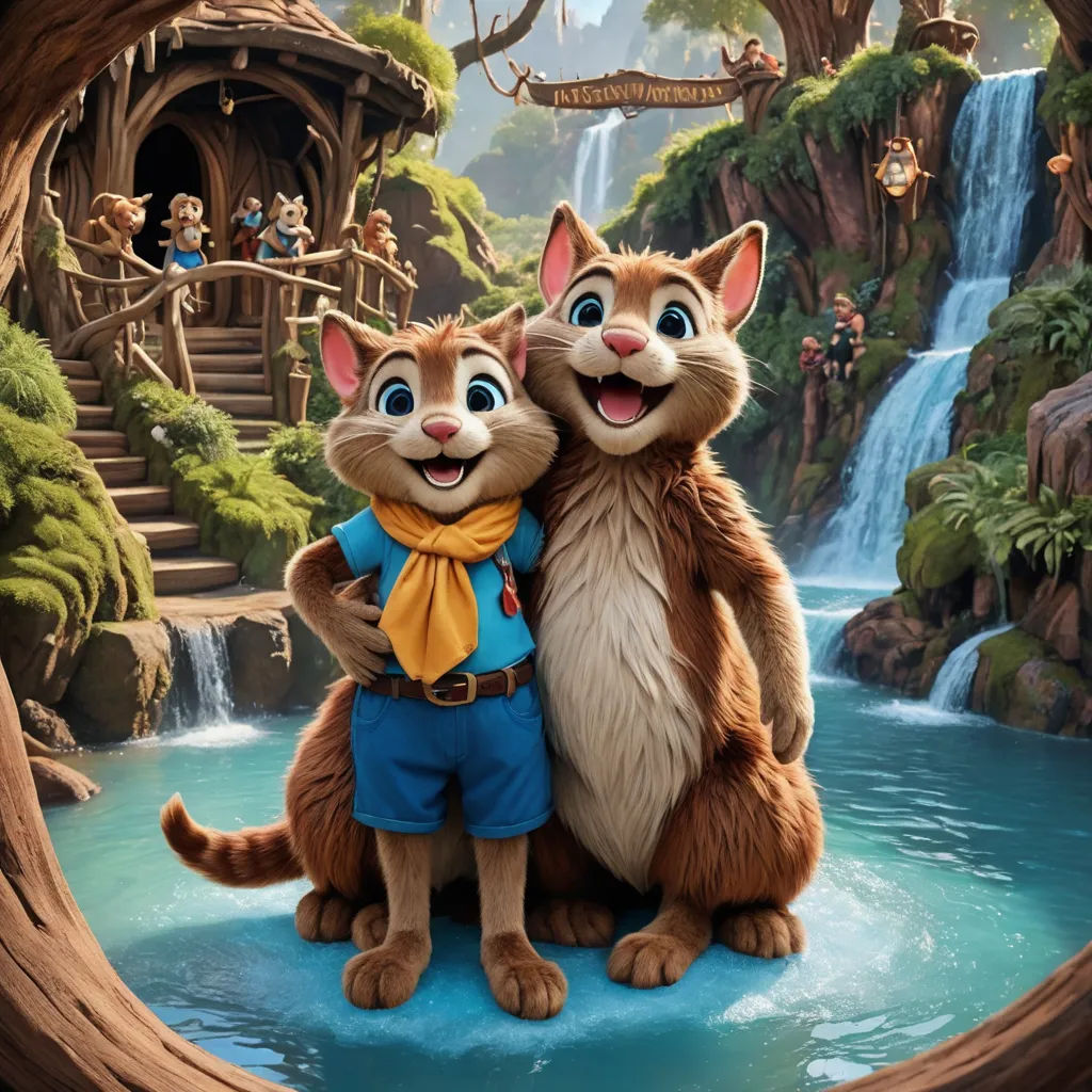 a couple of cats standing next to each other on a river with a waterfall in the background and people in the background, furry art, poster art, Chris LaBrooy, promotional image