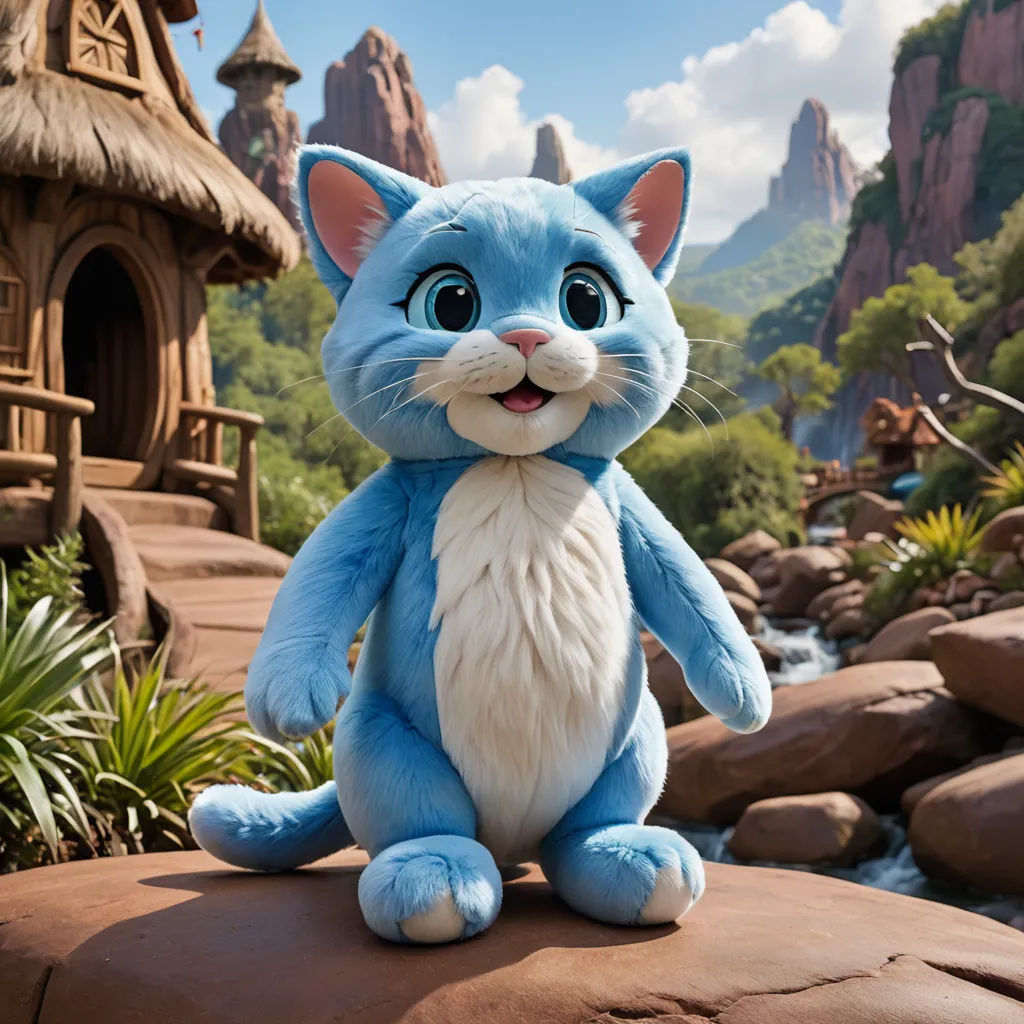 a blue cat sitting on top of a rock next to a river and a forest area with a house, furry art, a character portrait, Carlos Catasse, promotional image