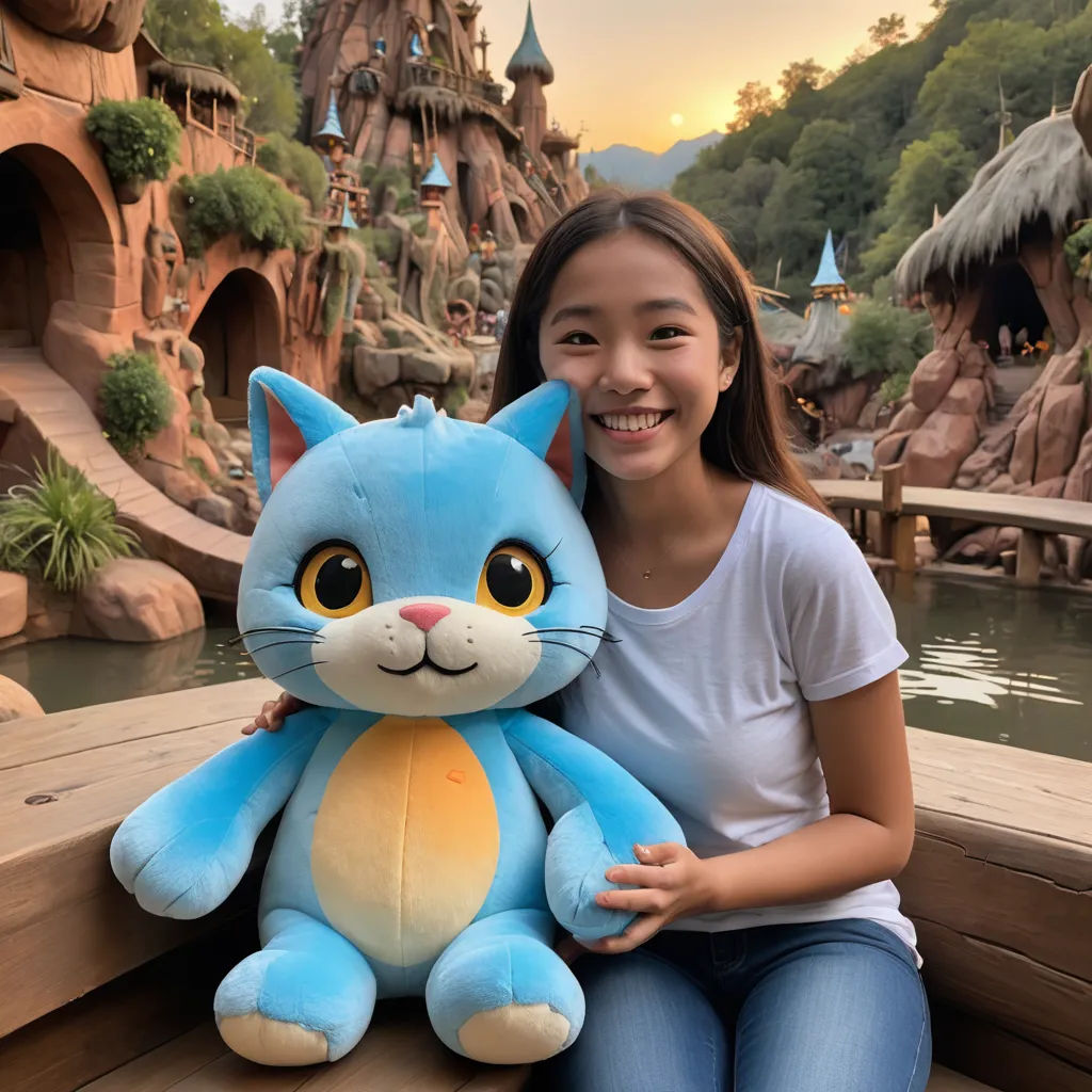 a girl sitting on a boat with a stuffed animal in front of her and a castle in the background, kitsch movement, a stock photo, Chen Lu, product photo