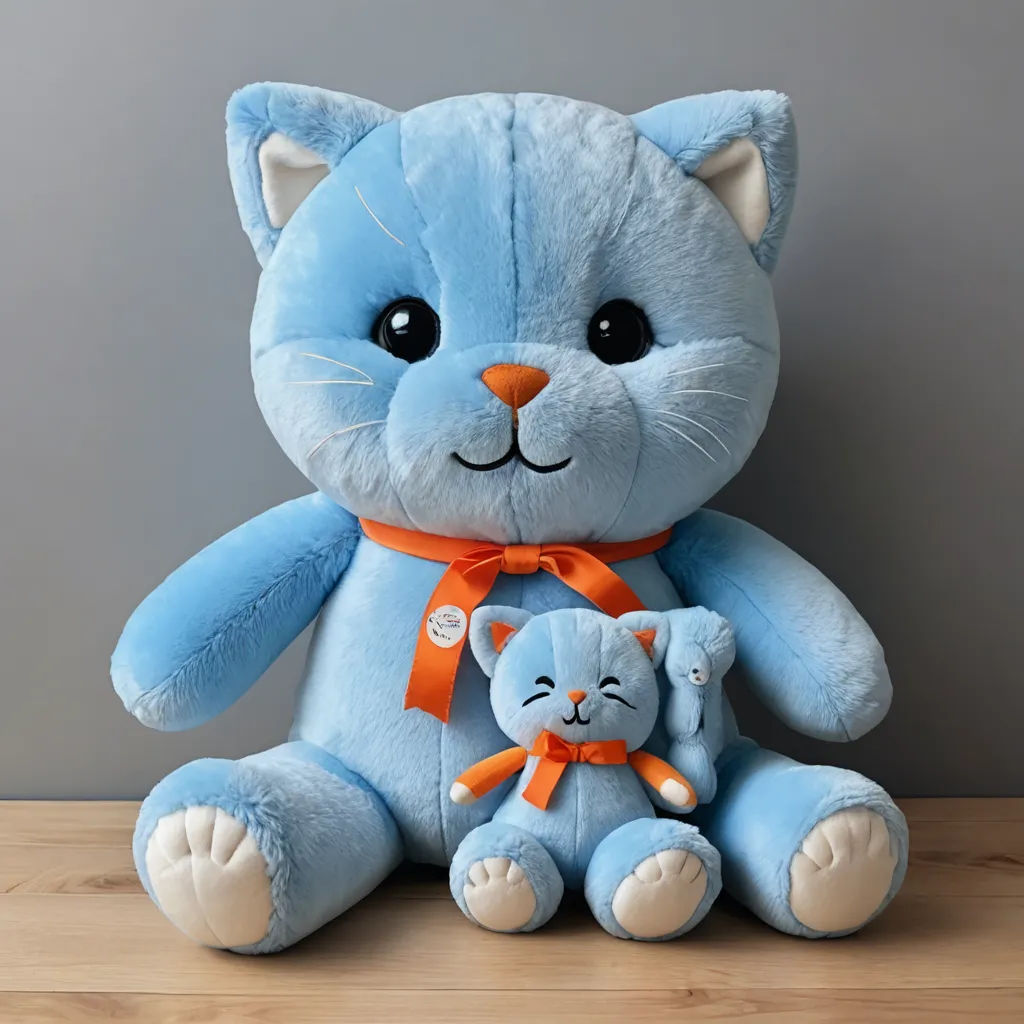 a blue stuffed cat and a small blue cat sitting on a table together with a gray background and a gray wall, rayonism, a photocopy, Anne Said, product photo