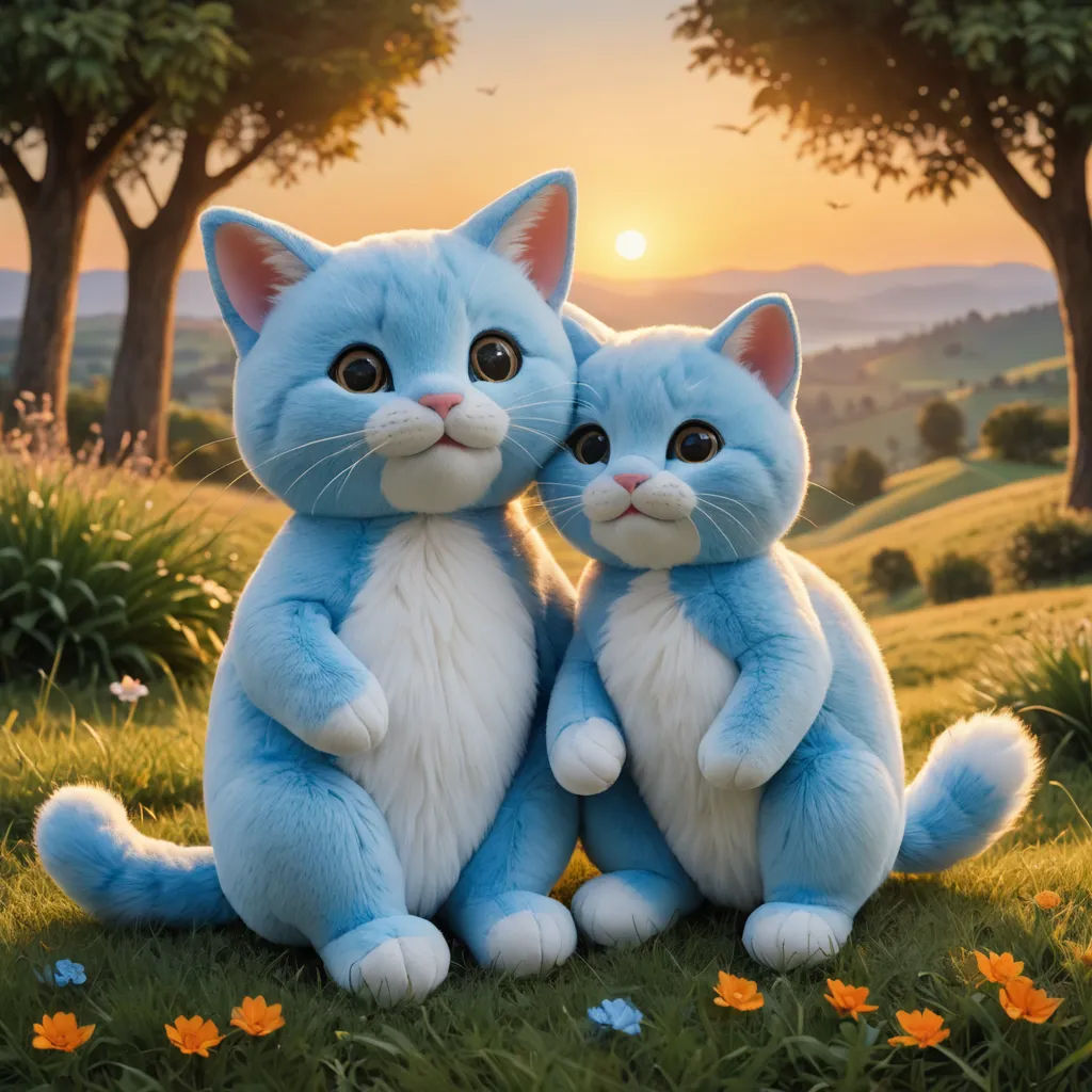 two blue cats sitting on top of a lush green field next to trees and flowers at sunset with a sun setting behind them, furry art, a photorealistic painting, Chris LaBrooy, rossdraws global illumination