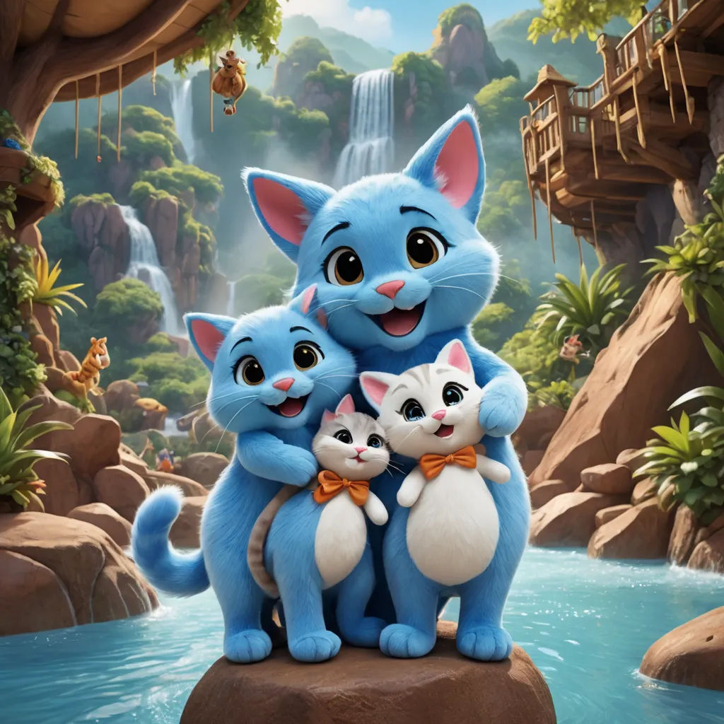 a group of cats standing on top of a rock near a waterfall and a waterfall house in the background, furry art, concept art, Carlos Catasse, promotional image