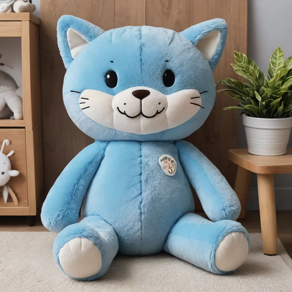 a blue stuffed animal sitting on a rug next to a plant and a wooden cabinet with a potted plant, rayonism, a character portrait, Clovis Trouille, product photo