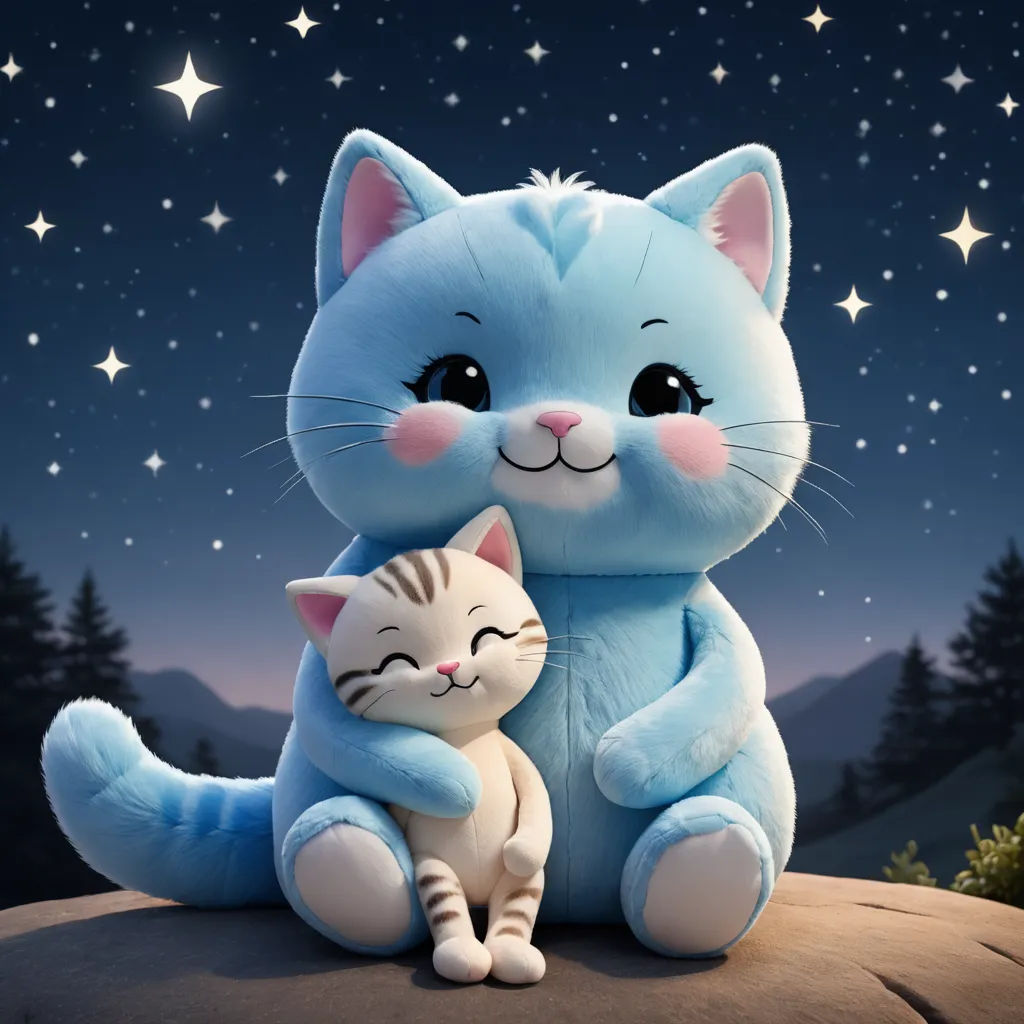 a stuffed cat hugging a stuffed cat on a rock at night with stars in the sky behind it and a full moon in the sky, space art, a storybook illustration, Diego Gisbert Llorens, promotional image